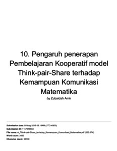 Pengaruh Penerapan Pembelajaran Kooperatif Model Think Pair Share